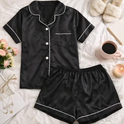 Women's 2 Piece Satin Pajama Set  Silky Short Sleeve Loungewear